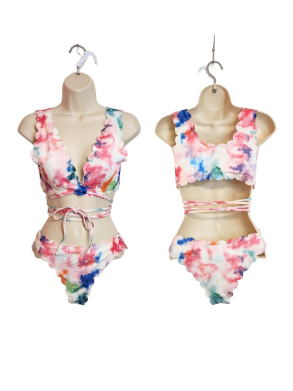 Shein Scalloped Tie-Dye Strappy Bikini 2-Piece Swim Set White Multi-color Small